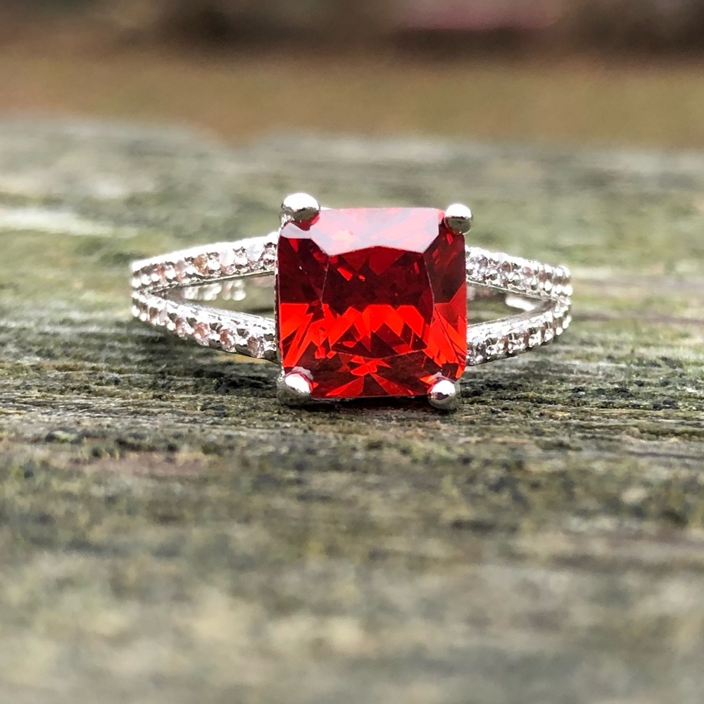 - Princess Red Topaz Zirconia Silver Ring SZ 10! NEW!